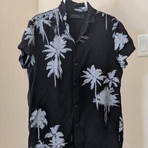 Religion Black Short Sleeve Button-Up Shirt w/ White Palm Tree Design – Medium